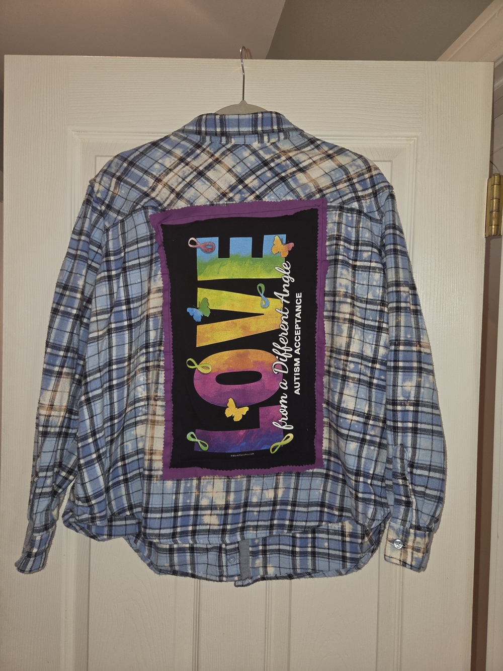 Upcycled Blue Plaid Women's Button-Up Shirt with Colorful 'LOVE' Autism